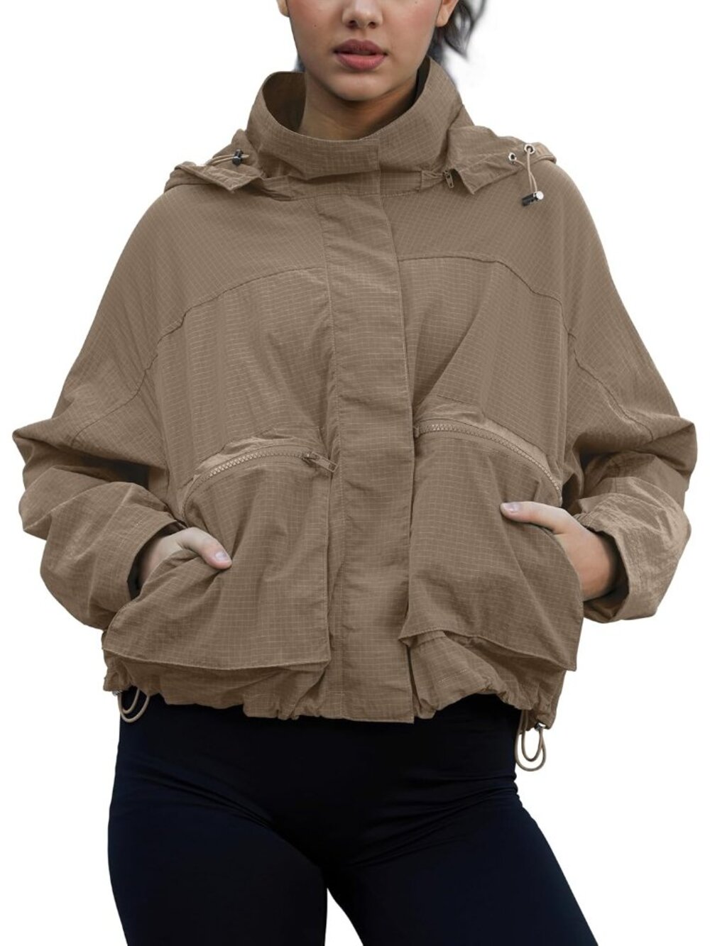 〽️Khaki Women's Plaid Windbreaker Rain Coat Lightweight Hooded Jacket